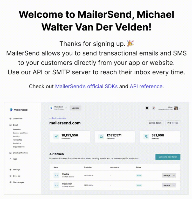 Mailersend welcome screen