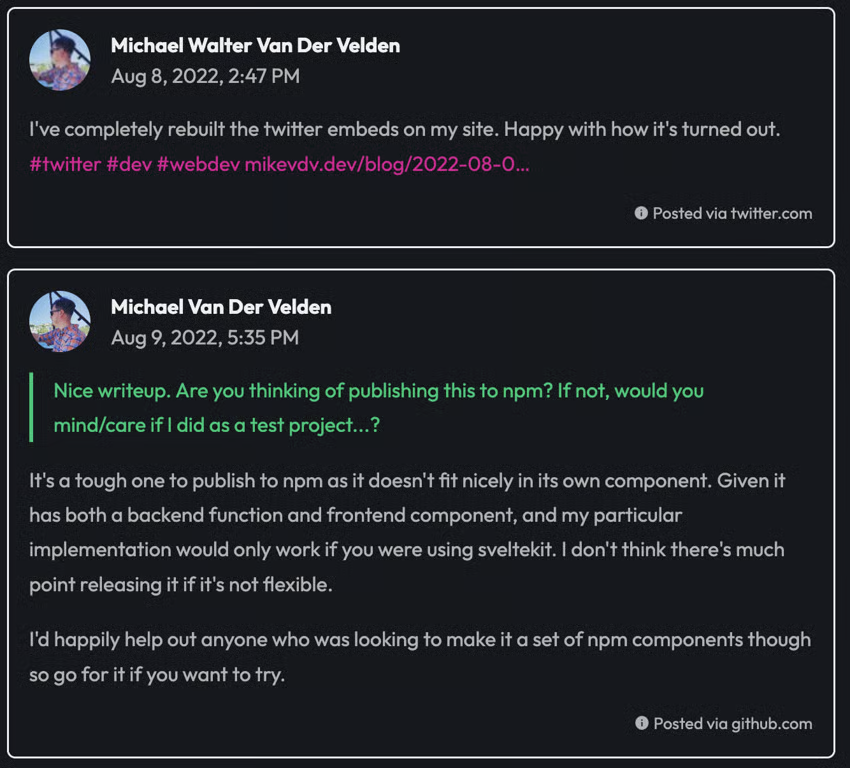 A Twitter Comment with hashtags next to a Github Comment with a markdown blockquote