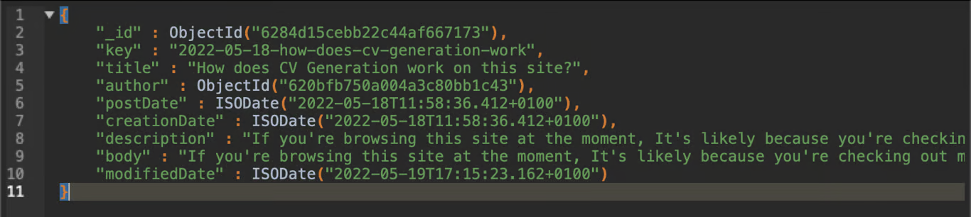 The blog's first post in the MongoDB database